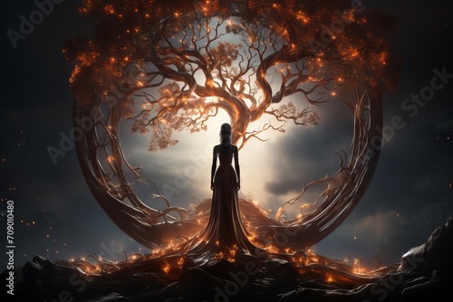 Mystical woman standing under a majestic tree with glowing branches forming a circle around the sun against a dark sunset sky. Concept: fantasy tree of life, esoteric, game character 