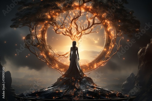girl standing under a majestic tree with glowing branches forming a circle around the sun against a dark sunset sky. Concept: fantasy tree of life, esoteric, game character 