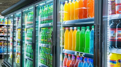 Fresh drinks in the supermarket fridge