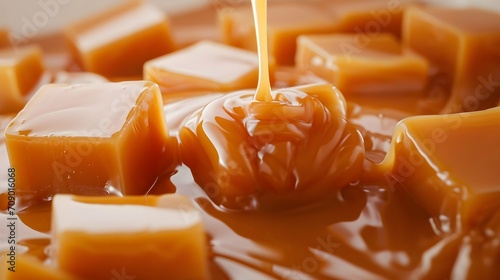 Close-up of caramel cubes in the shape of a pyramid along which liquid caramel flows 