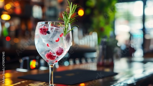 a Glas with gin and wildberry on a table in a bar