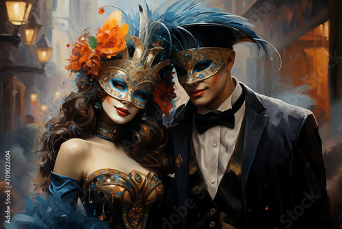 Carnival Party for Masked Couples, Elegant Watercolor Couple in Masks for a Glamorous Carnival Celebration in Italian Venice with Love and Mistery