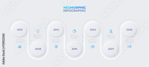 Seven circles with zigzag line. Concept of 7 steps timeline. Neumorphic infographic design template
