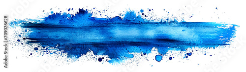 Vibrant blue paint stroke with dynamic splatters, isolated on transparent or white background