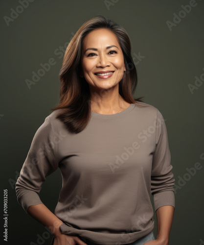 Studio portrait of an elegant and confident filipino woman in her 60s smiling and standing against a grey background 