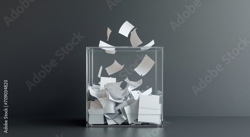 Transparent ballot box with falling ballots around it