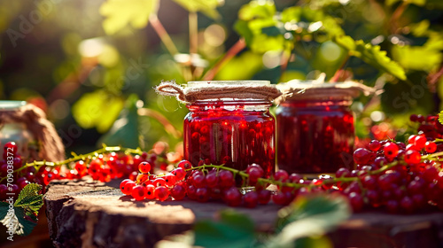 red currant jam in a jar. Selective focus.
