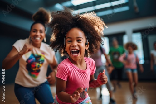 young girl beams with joy during a dance class with her instructor, blurred background