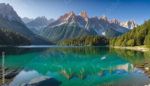 Vibrant summer landscape at Fusine Lake with view of Julian Alps and Mangart peak, Udine, Italy. Beautiful travel destination in Europe.