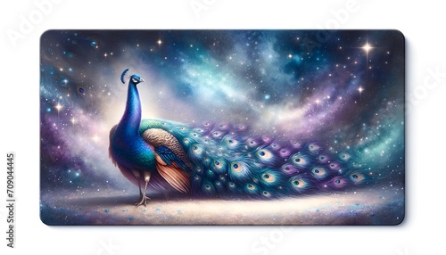 Watercolor illustration of peacock with magical galaxy background.