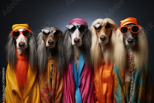 Afghan hound in a group, bright fashionable outfits isolated on a solid advertising background