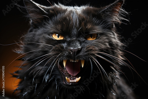 black cat aggressively hisses at the viewer, an angry look and dangerous fangs, unfriendliness