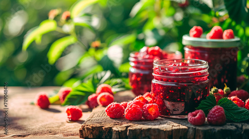 Raspberry jam in a jar. Selective focus.