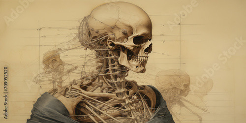 anatomical draw in leonardo da vinci style human skul