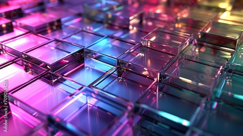 square glass with colorful light emitter iridescent neon holographic gradient background