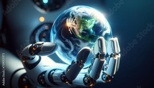 Main de robot humanoïde saisissant un Globe Terrestre idéal pour articles sur le climat, la terre, l’environnement, la technologie, l'écologie, l'espace, l'univers et l'intelligence artificielle 