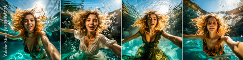 A unique fashion concept using underwater photography. Dresses in satin fabric for a luxurious and elegant look. Creative use of water to enhance the visual impact of dresses.