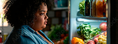A fat African American woman looks into the refrigerator at night. Selective focus.