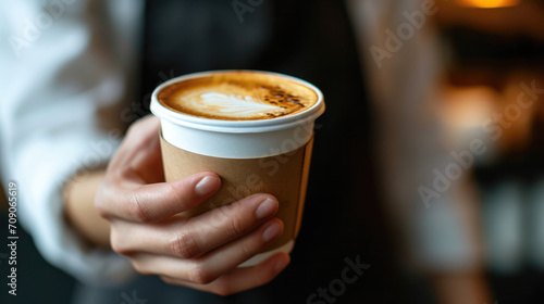 Barista serving cup of milk coffee to client while working at cafe