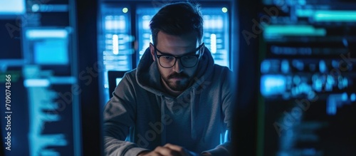Male hacker exploiting security breach to infiltrate server, breaching system to generate malware and pilfer online data. Menacing perpetrator orchestrating cyber assault to dismantle software network