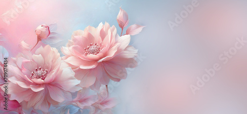 romantic floral background with pink rose flowers and cop space in pink and blue tonality