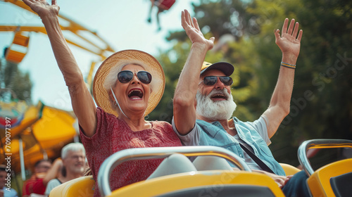 Elderly senior couple traveling at an amusement park, roller coaster Vikings joyful, Elderly society, father and mother travel