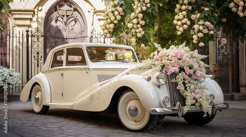 A vintage wedding car decorated with white ribbons and flowers, parked outside a chapel.