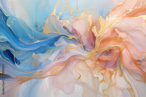luxury suminagashi backdrop. marble liquid alcohol ink in gold and sky blue colors