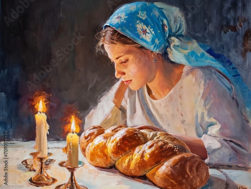 Shabbat Shalom jewish Woman lighting the Shabat Candles. AI Generative