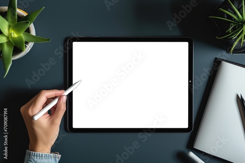 tablet computer with pencil stylus on neutral background