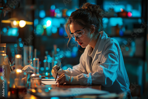 A confident woman -scientist records research data at the table