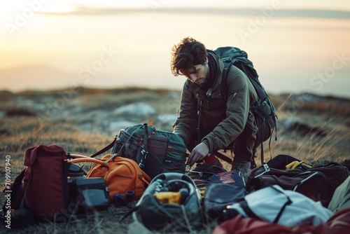 Man wearing a green jacket and glasses packs his backpack with a beach in the background. Traveling alone concept