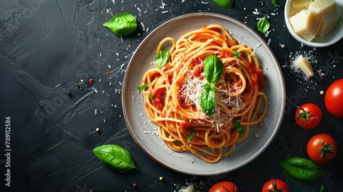 Tasty appetizing classic italian spaghetti pasta with tomato sauce,