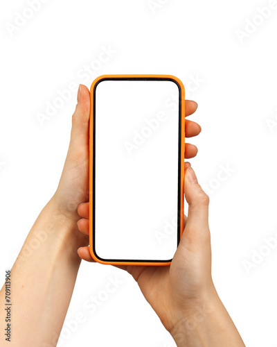 Mobile phone screen mockup in case. Hand holding cellphone display mock up isolated on white