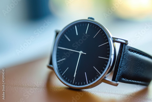 Close-up of a minimalist wristwatch with a plain face.