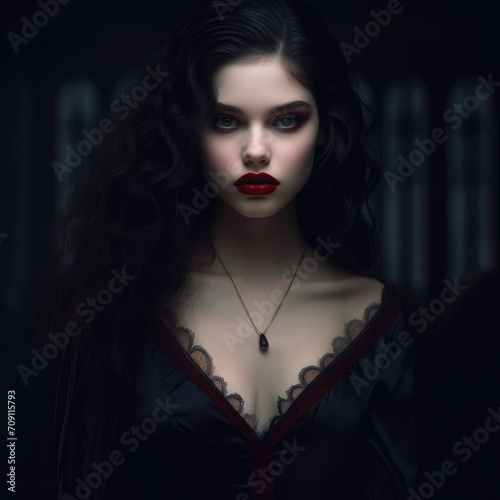 Portrait of a dark gothic dame with red lipstick and a black victorian dress