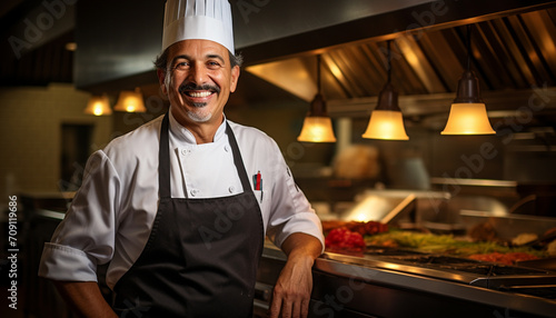 A professional male chef in his immaculate uniform and signature hat, lights up the kitchen with his infectious smile, bringing laughter and joy to the culinary spac