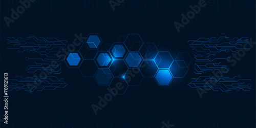 Vector illustrations of abstract futuristic digital hi tech background with glowing blue hexagonal and circuit network pattern.