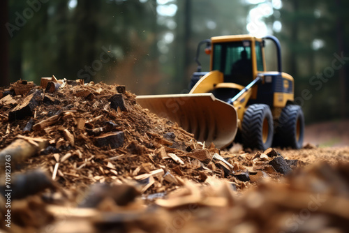 Bulldozer with a scoop of woodchips