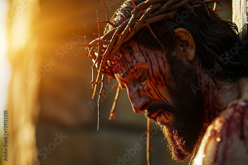 Jesus Christ crucyfied wearing crown of thorns Passion and Resurection. Good Friday. Generative AI