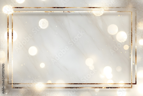 A marble background with a gold frame and sparkling glitter looks luxurious.