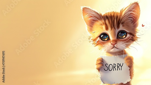 A illustration of a sad kitten holds white piece of paper with the words "SORRY" written on it. Emotion of repentance, asks for forgiveness, sad crying big eyes