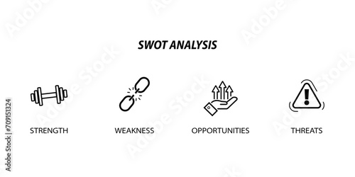 SWOT Analysis icons. Strengths, weaknesses, threats and opportunities, flat simple infographics design template. Business concept with 4 options, vector illustration.