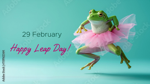 Green frog on the pastel background. 29 february leap year day concept