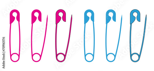 New Born. Cartoon boy girl or blue, pink baby pin. Safety pin. Opened and closed pins. pierced and clipping path sign. Vector safetypin icon. Open and close safety pins.