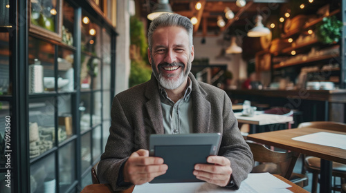 Smiling mature man using tablet pc in cafe