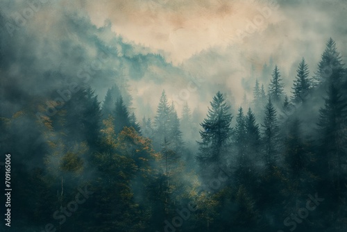 Atmospheric Forest Fog: Textured Organic Landscape and Mountain Vistas Painting