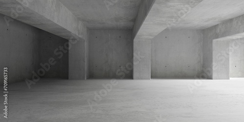 Abstract empty, modern concrete room with row of beams and pillars and rough floor - industrial interior background template