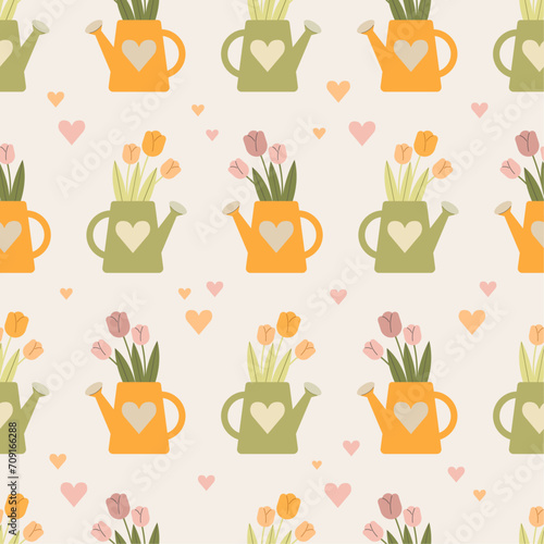 Seamless pattern with tulips in a watering can and hearts. Vector illustration.