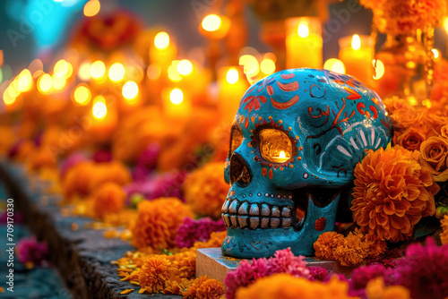 Día de los Muertos en México: Ofrenda con calaveras , flores y velas 